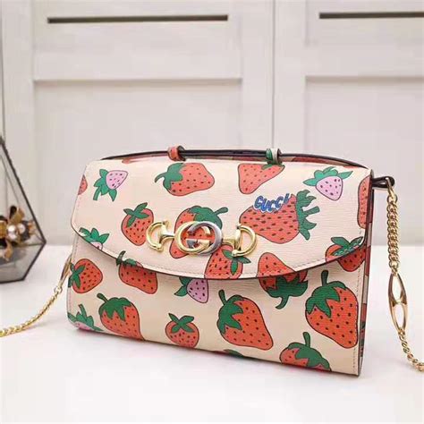 ucci zumi strawberry print|GUCCI Zumi Mini Strawberry Print Leather Shoulder Bag Ivory .